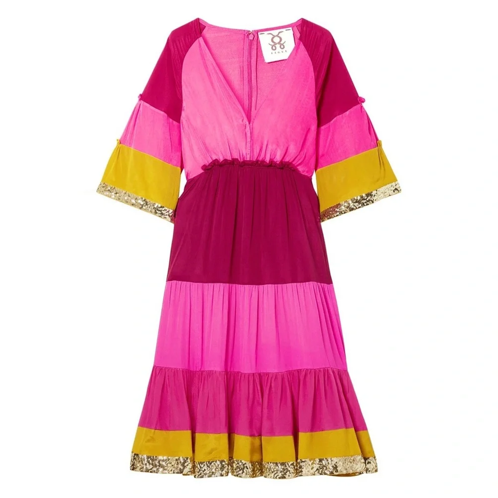 NWT Figue  Silk Crepe Colorblock Gold Sequin  Trim Midi Dress Bohemian Gypsy - Picture 6 of 16